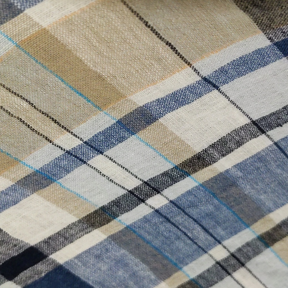Profile| Blue and Tan Multicolored Plaid Flared Lightweight Midi Skirt - Picture 3 of 7